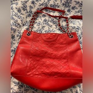 Tory Burch Fleming Distressed Leather Tote Cherry Apple